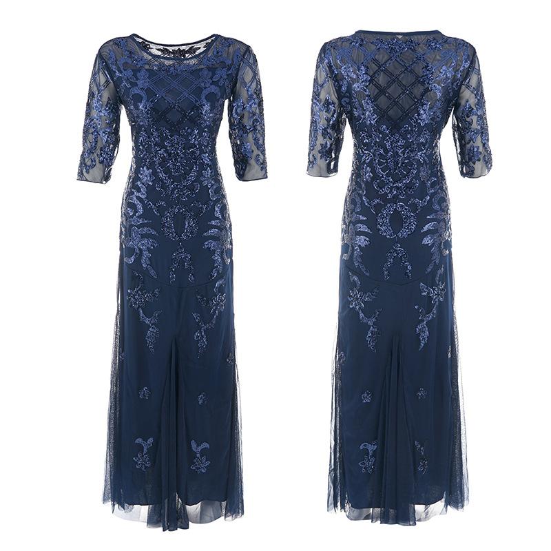 Popular retro dress bridesmaid beaded mesh sequined evening dress European and American wedding dress long dress