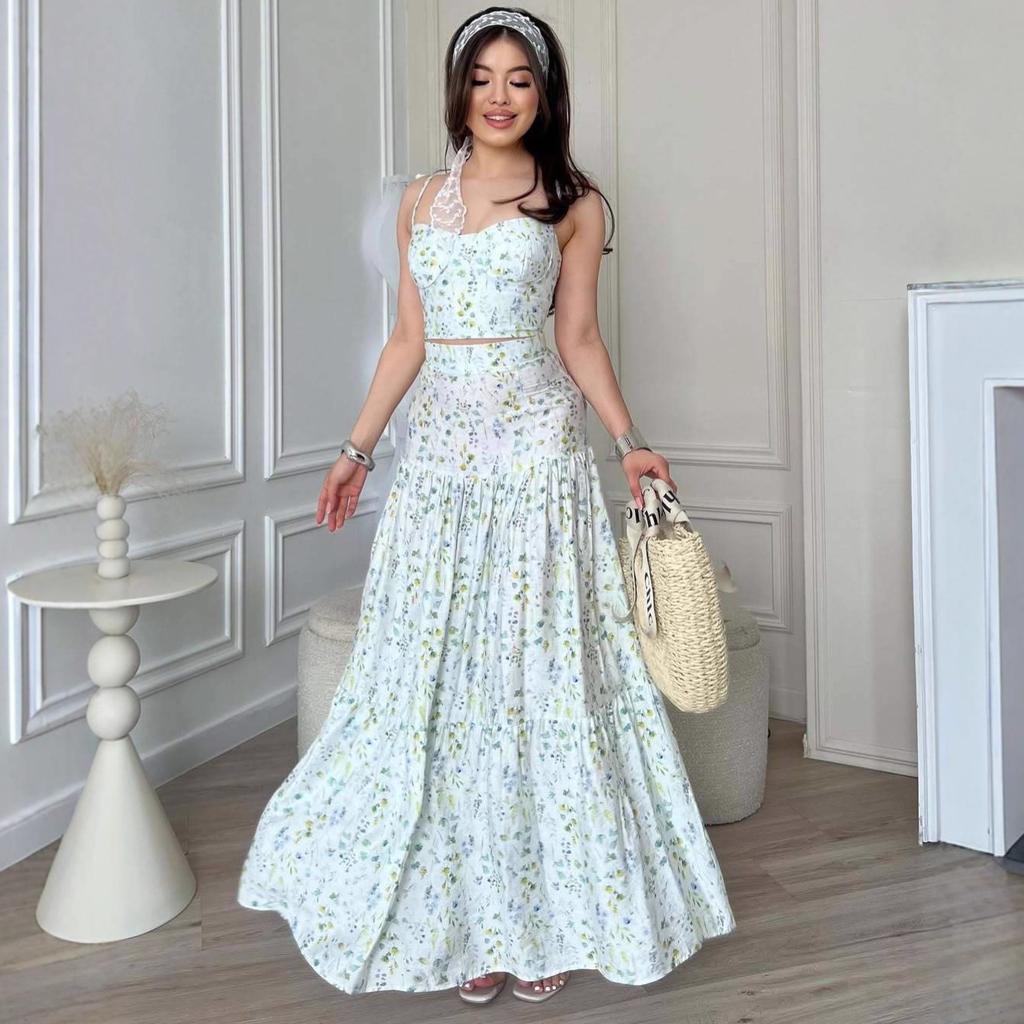 2025 summer European and American cross-border women's clothing new French slim-fit suspender halter top floral dress set