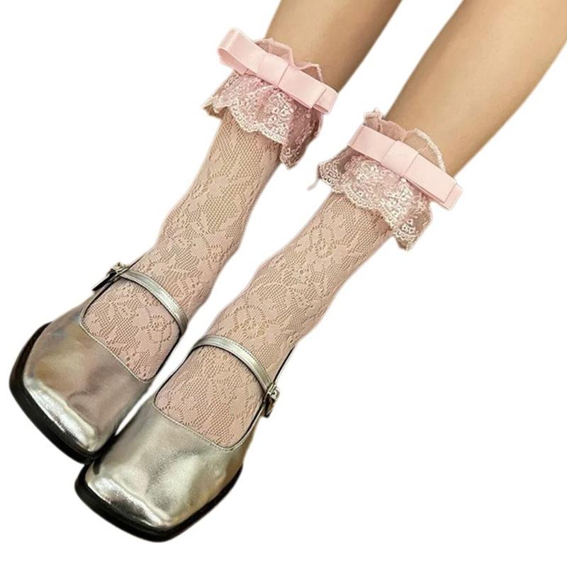 Women Japanese Style JK Girl Flower Lace Ruffle Frilly Ankle Socks Sweet Bowknot Elegant Student Middle Tube Dress Socks