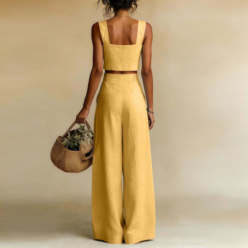 Women's Casual Square Neck Wide Leg Pants Set, Loose Sleeveless Vest Two-piece Set