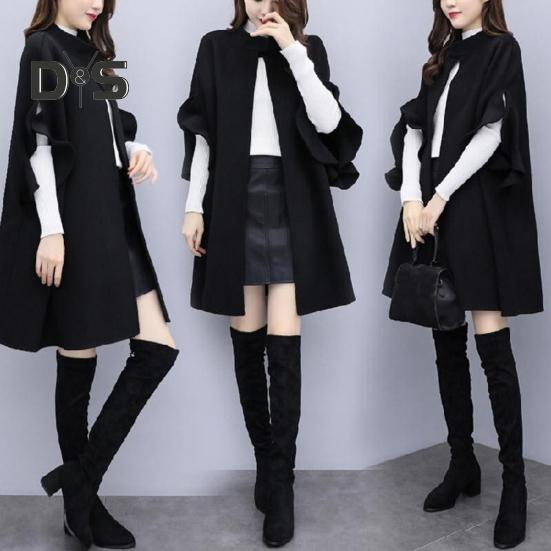 Abrigo de invierno para mujer, con mangas tipo pétalo, cuello alto, corte en A, capa de punto abierto, cárdigan de largo medio, abrigo de lana para exteriores, poncho