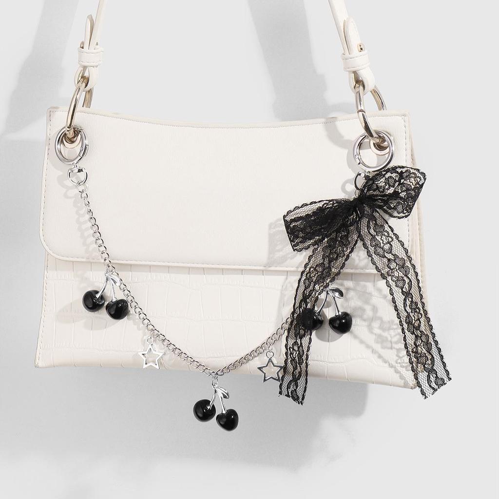 Retro Black & White Lace Bow Cherry Heart Star Keychain Charm
