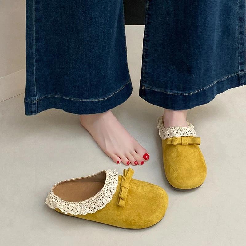 Modne Damskie Klapki Baotou Lato Nowe Okrągły Nosek Zamsz Kokarda Motylkowa Antypoślizgowe Odporne na Ścieranie Płaskie Buty