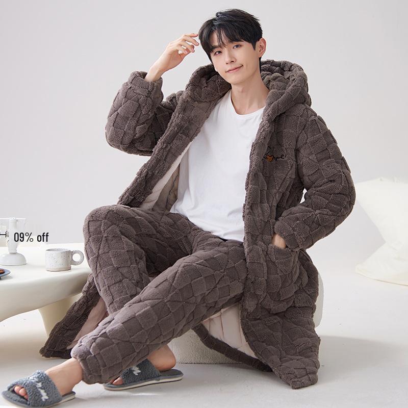 2024 Men's Quilted Winter Hooded Pajama Bathrobe - Warm, Thick Coral Fleece Outerwear