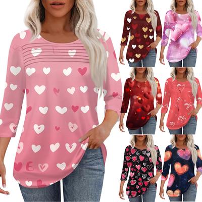 Dammode Rundhals Plisserad Framsida Alla hjärtans dag Tryckt Trekvartsärm Topp