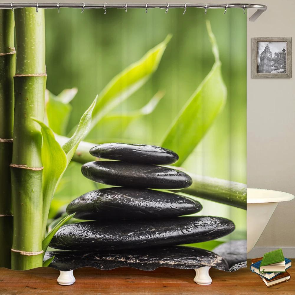 3D Flower Bamboo Pebble Water Green Plant Shower Curtain Waterproof Polyester Curtain Home Decoration Shower Curtain Zen Curtain