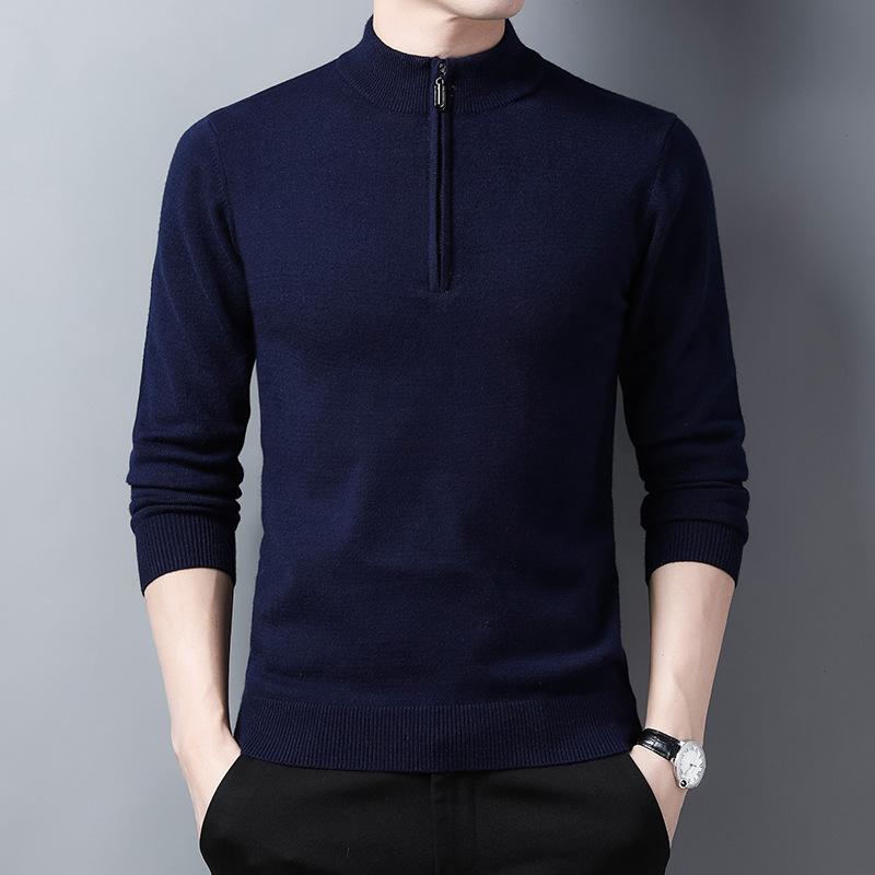Herrenpullover mit halbem Reißverschluss, einfarbig, Strick-Unterziehpullover für Männer mittleren Alters, Slim-Fit, einfarbiger Pullover mit halbem Reißverschluss
