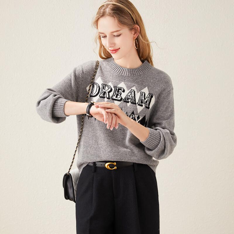 TUHUANG Women's Thick Pure Wool Letter Jacquard Round Neck Sweater