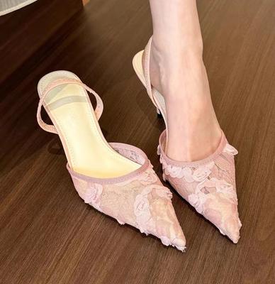Ladies Flower Mesh Open Heel Sandals Shoes Sexy Designer High Heel Pointed Toe Stiletto Pumps Mules Women Sandals