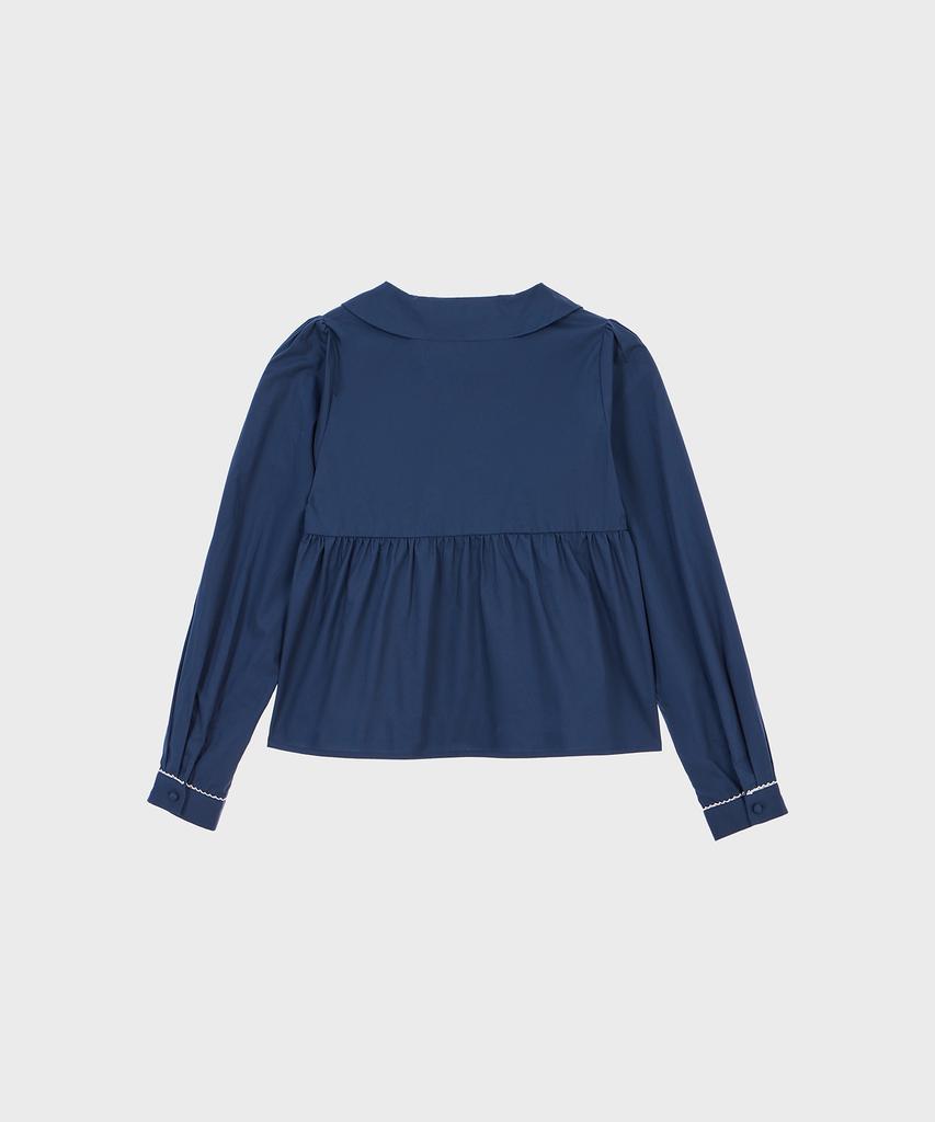 Alkialka Round Collar Shirring Blouse (Navy)