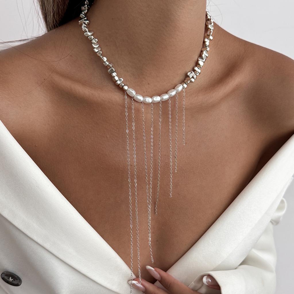 Salircon Sexy 3Styles Imitation Pearl Tassel Open Torques Choker Necklace Women Trendy CCB Bead Clavicle Neck Party Jewelry