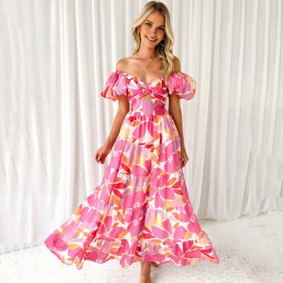 Abendkleid für Damen, Puffärmel, tiefer Ausschnitt, schulterfrei, bunter Aufdruck, A-Linie, großer Saum, Patchwork, ausgehöhlt, plissiert, für Urlaub, Strand, Maxikleid