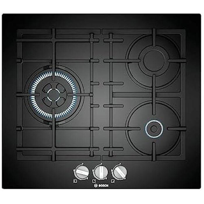 Table De Cuisson Au Gaz - BOSCH - PNC6B6B90 - 60 Cm - 3 Brûleurs - Verre Trempé Noir - Gasstop