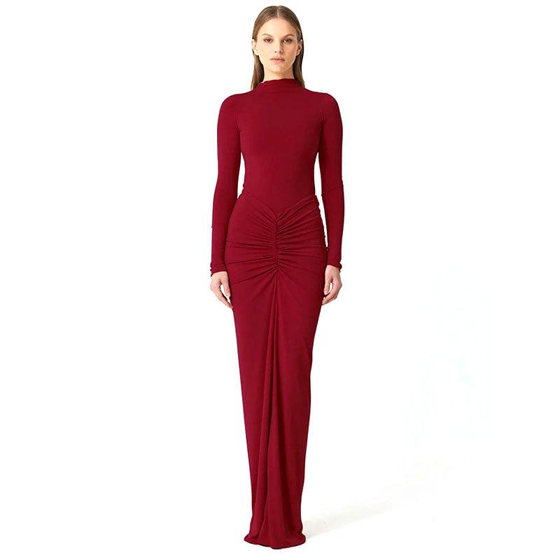 AC610 European & American Style Sexy Waist-Cinching Slim Solid Color Pleated Long Dress