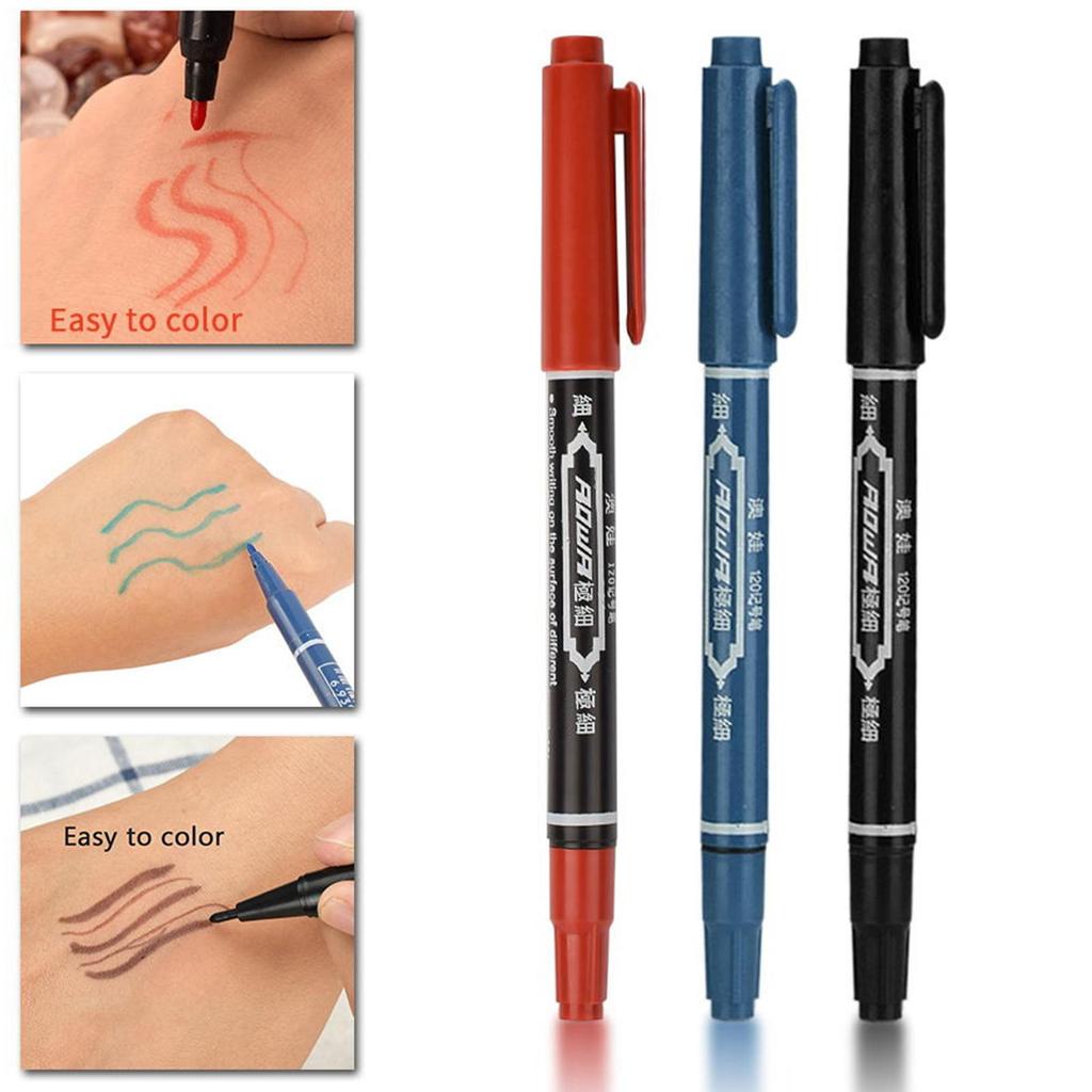 6 Pcs Skin Marking Pen Double Ended W/Fine Thick Tip Black/Blue/Red
