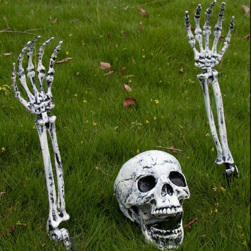 Halloween Skull Hand Arm Yard Stake Lifelike Skeleton for Head Figurine Garden Decoration Haunted House Props