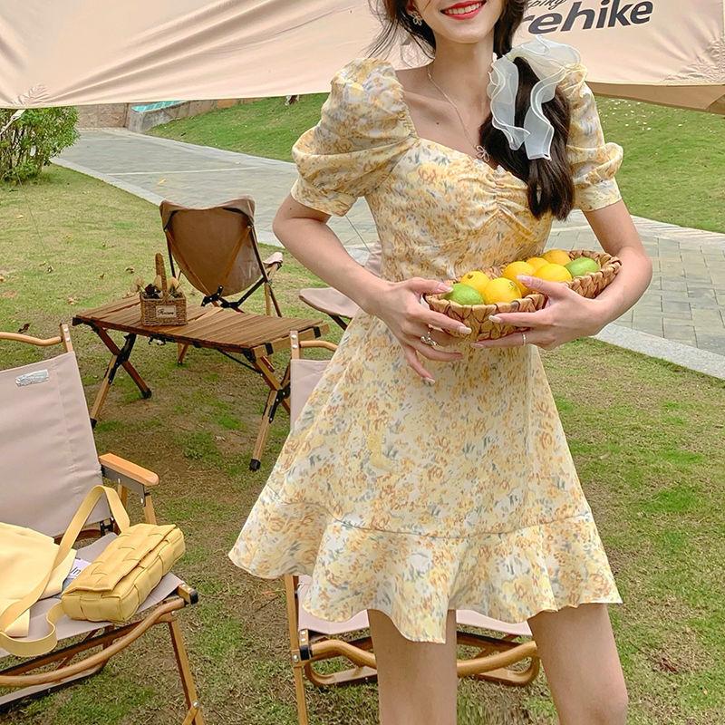 Buy Square Collar Yellow Mini Dress Women Short Sleeve Sweet Floral Printed Dress Beach Elegant One Piece Dress Korean 21 Summer At Affordable Prices Free Shipping Real Reviews With Photos Joom