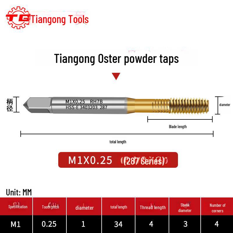 Tiangong Oster High-Speed Steel Blind Hole Taps, Powder Metallurgy, M1-M12, Coarse & Fine Tooth for Stainless Steel Tapping