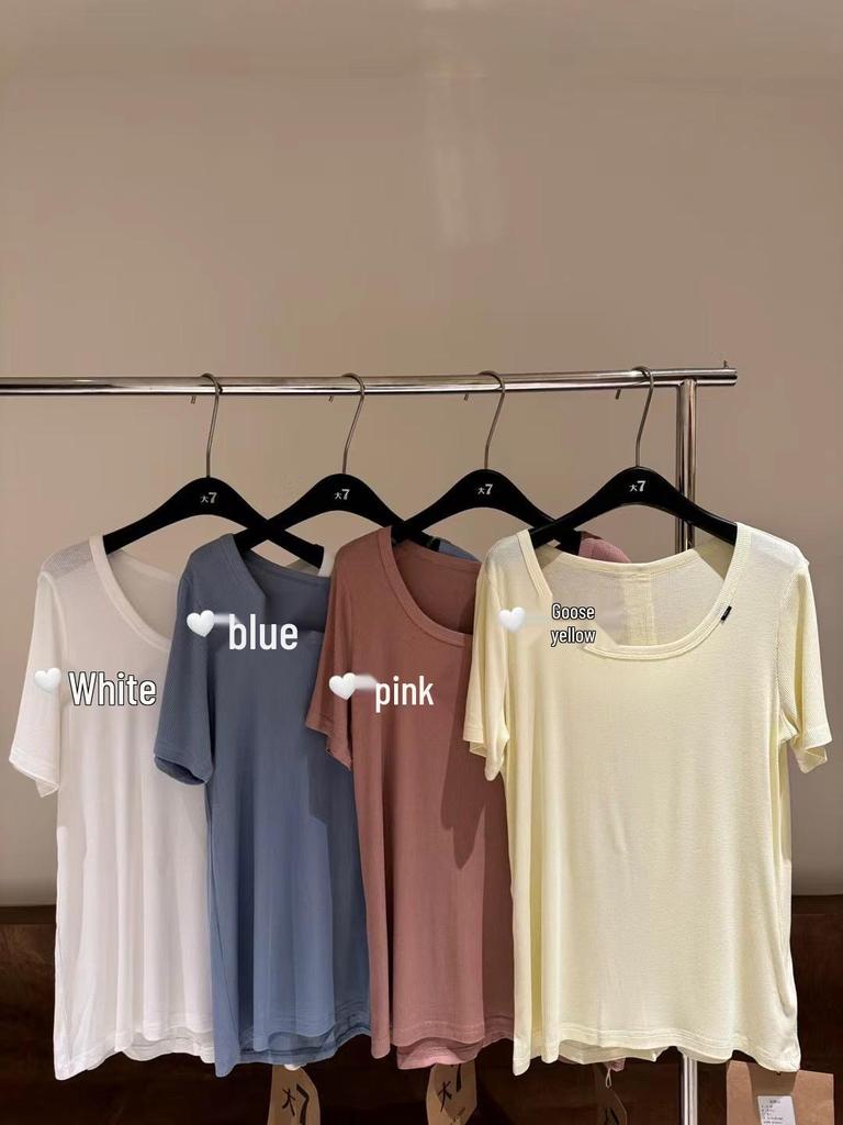 Women's Plus Size Korean Style Ribbed U-Neck Short Sleeve T-Shirt - Summer Casual Fit