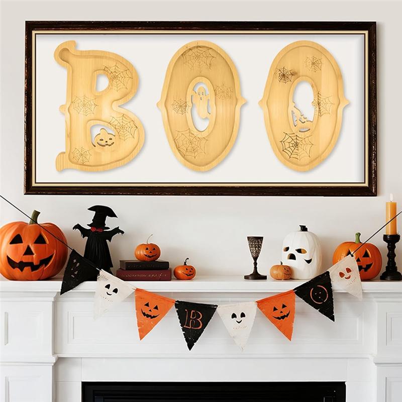 VOFUN-Halloween BOO Charcuterie Board Wooden Serving Tray 3 PCS For Indoor For Kitchen Table Fireplace Decorations