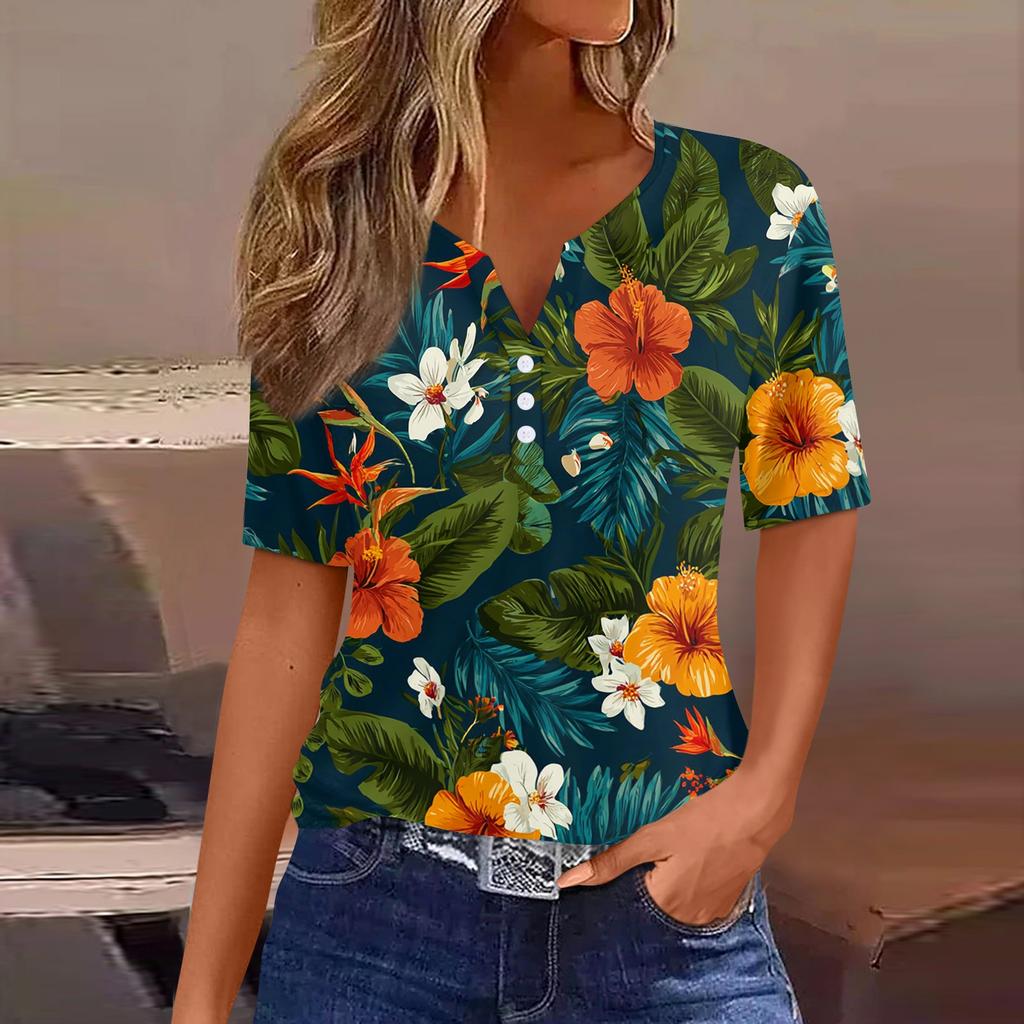 Women's fashionable casual Hawaiian print V-neck short-sleeved button-down T-shirt top