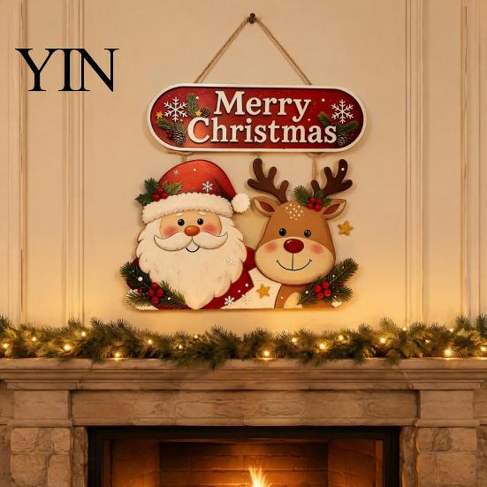 Vintage Style Seasonal Home Accents Christmas Wooden Hanging Sign, Rustic Holiday Wall Decor with Santa Claus Door Hanger Reindeer And Snowman