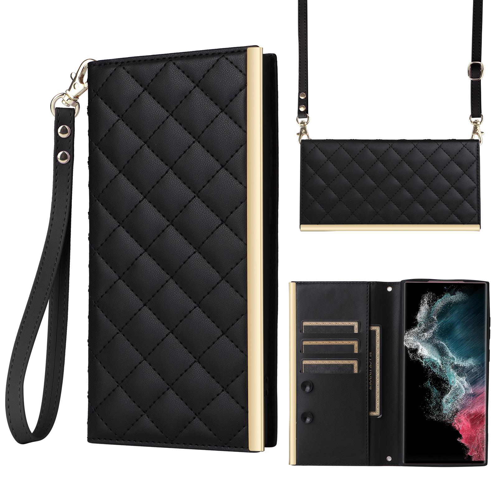 

For Samsung Galaxy S22 Ultra 5G Wallet Case PU Leather Flip Phone Cover with Shoulder Strap Black