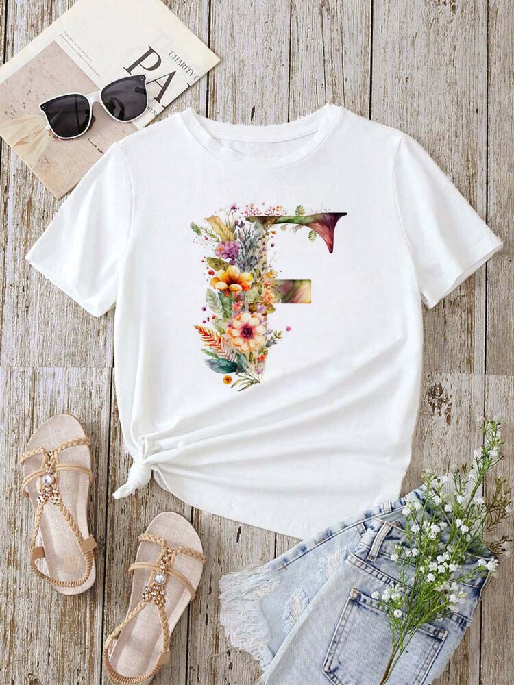 Custom Name Letter Combination Fashion Women T-shirt Floral Letter Font A B C D E F G Short Sleeve Tops White T-shirt