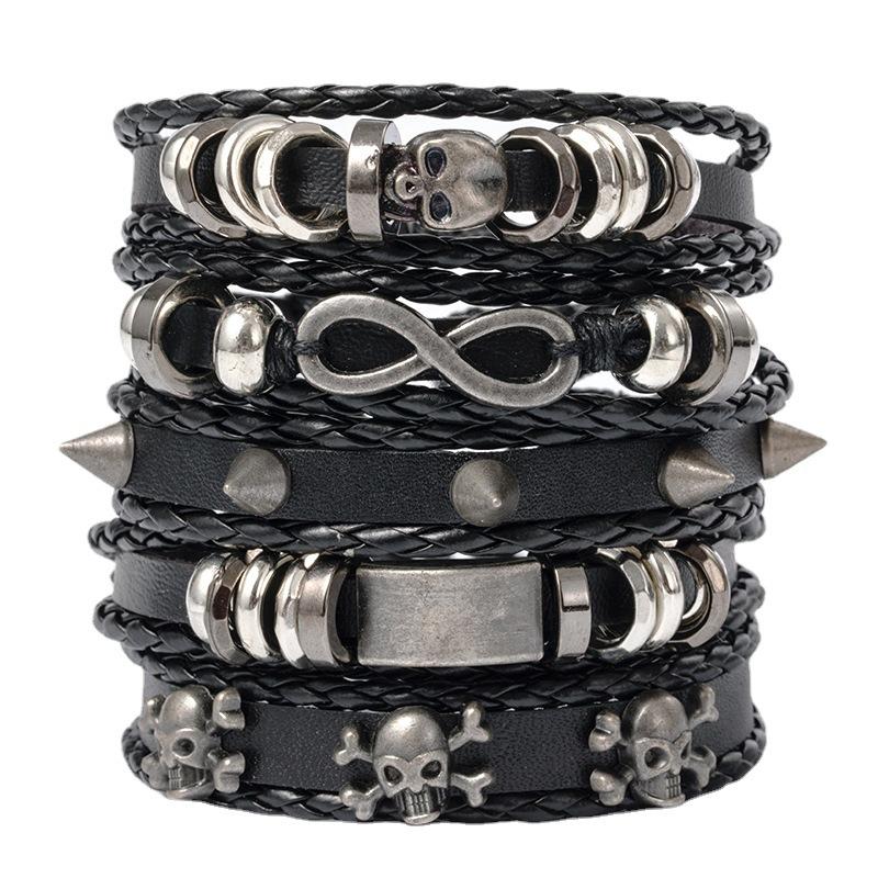 5 Piece Vintage Hip Hop Skull Leather Bracelet for Men's Gothic Punk Teenage Street Jewellery Accessories Man Handmade Bracelet