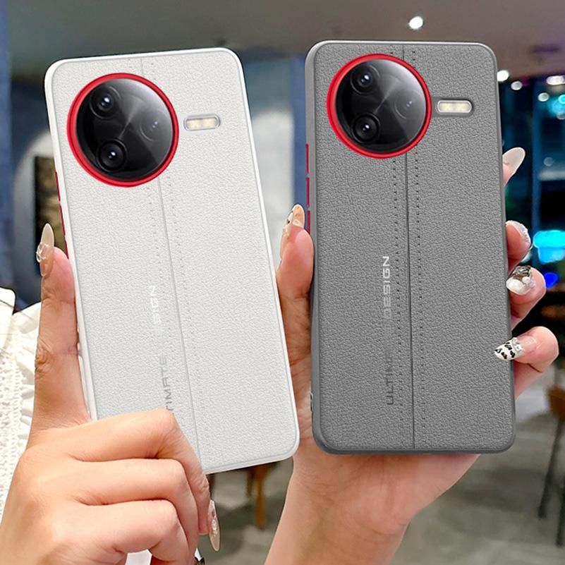 Plain Leather Middle Stitching Style Red Heightened Lens Ring Case For Poco F7 Ultra POCO F7 Pro Slim Protect Cover