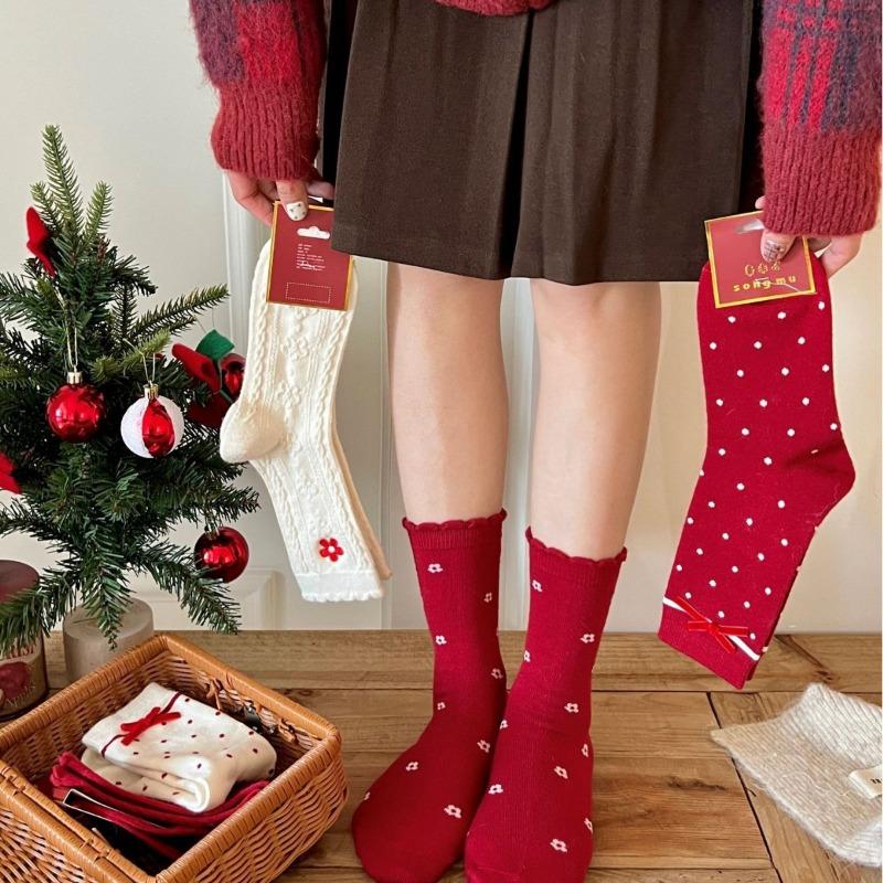 Cashmere Socks, Women's Big Red Socks, New Year Socks, Bow Polka Dot Small Flower Red Pile Socks
