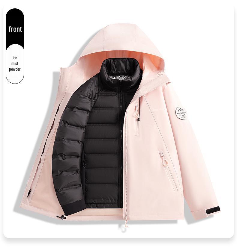 Men's and Women's Custom Outdoor Two-Piece Jacket Set: Three-in-One Shell with 90% Duck Down Lining and Print Logo.