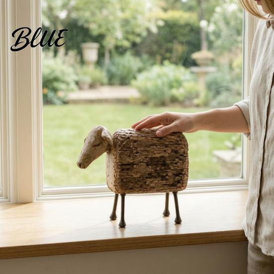 Modern Rustic Home Decor Distressed Imitation Wood Grain Sheep Figurine Resin Farmhouse Animal Statue for Shelf Tabletop Decor Retro Country