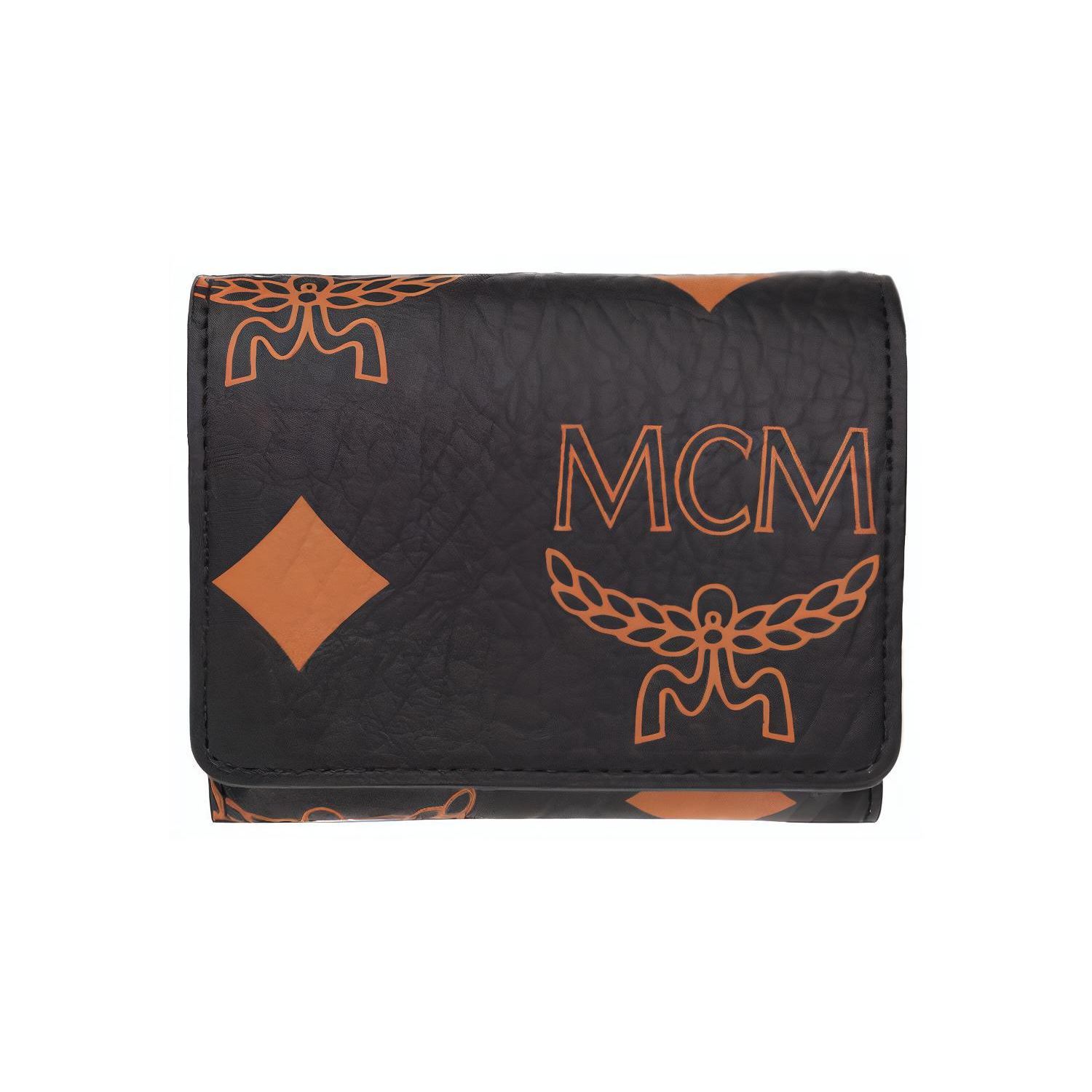 MCM Dark Metal Hardware Monogram Print Tri-Fold Canvas And Napa Leather Wallet Mini Women wallet Black MYSDATA01BK001 Basic Set BagDust Bag 13790₽