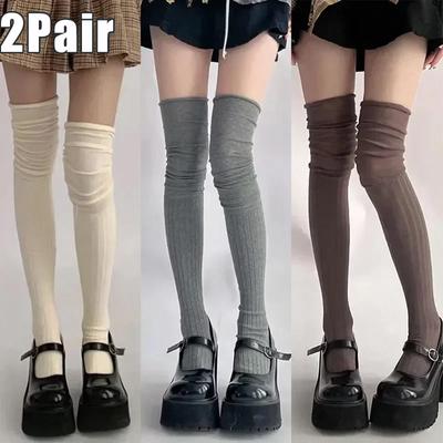 2 Paar Damen Kniestrümpfe Damen Oberschenkelhohe Socken Warme Strickstiefelsocken Stulpen Japan JK Baumwolle Oberschenkelhoch Unterteile