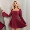 Women's Square Neck Long Sleeve Mini Dress Slim High Waist Elegant Ribbed Knit A-Line Dress Bow Front Casual Flare Sleeve Dress 2025 Fall Outfit