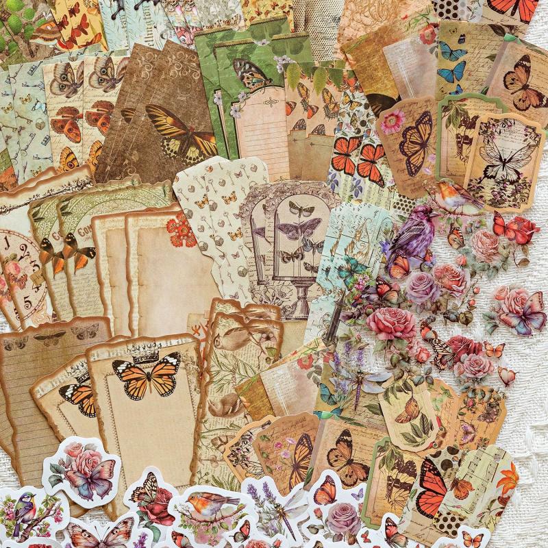 100Pcs Set Vintage Mixed Kit Sticker & Paper 2-in-1 Scrapbook Collage Literary Distressed Decor Supplies