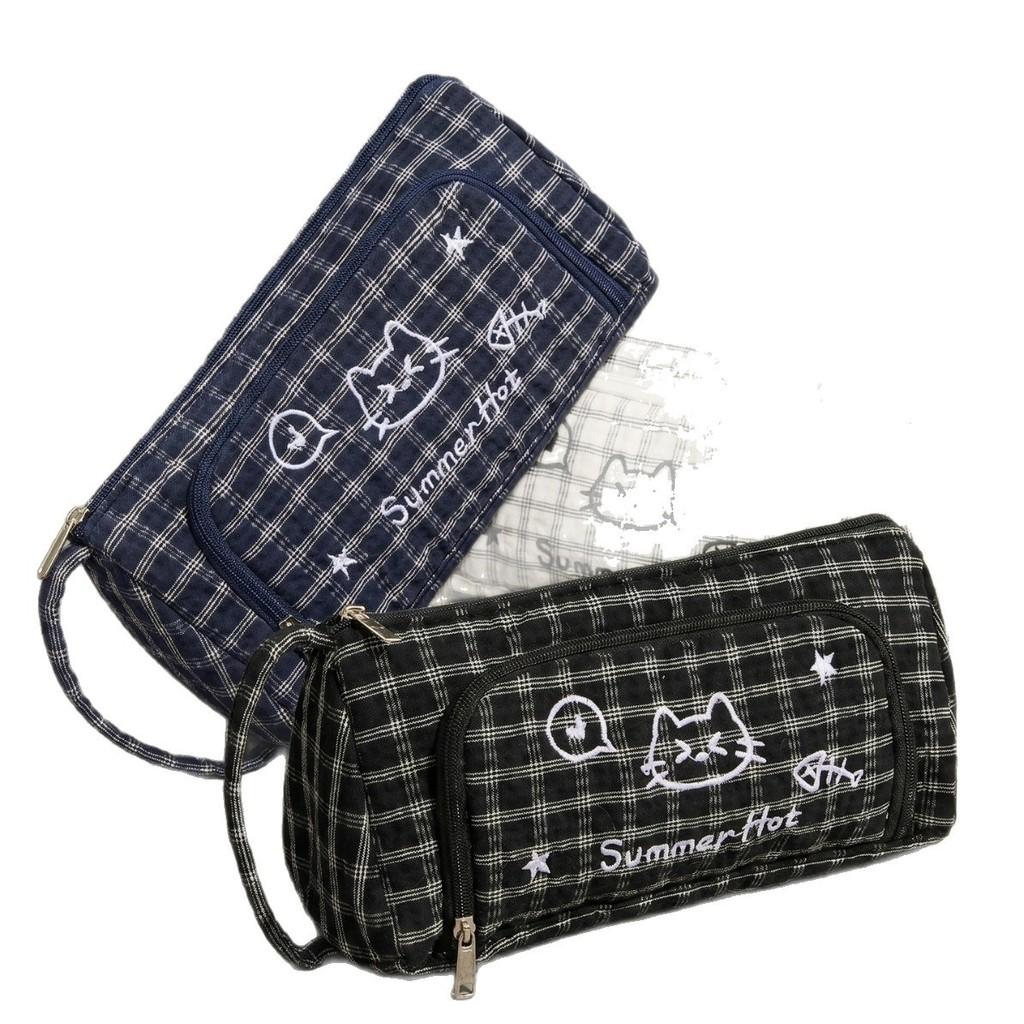 Canvas Cat Pattern Embroidered Large Capacity Pen Case With Stylish Design For Students And Office Use