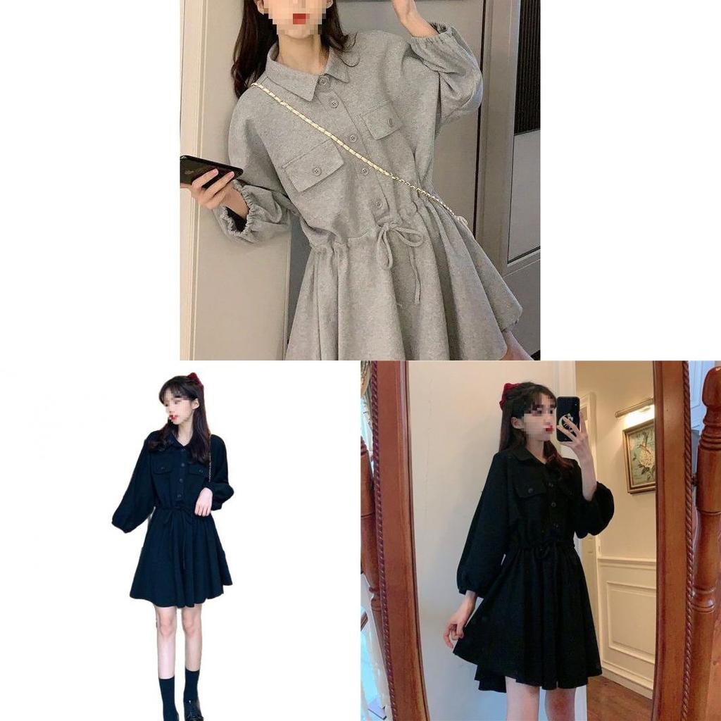 Spring Korean Style Polo Neck Drawstring Waist A Line Dress For Casual And Travel