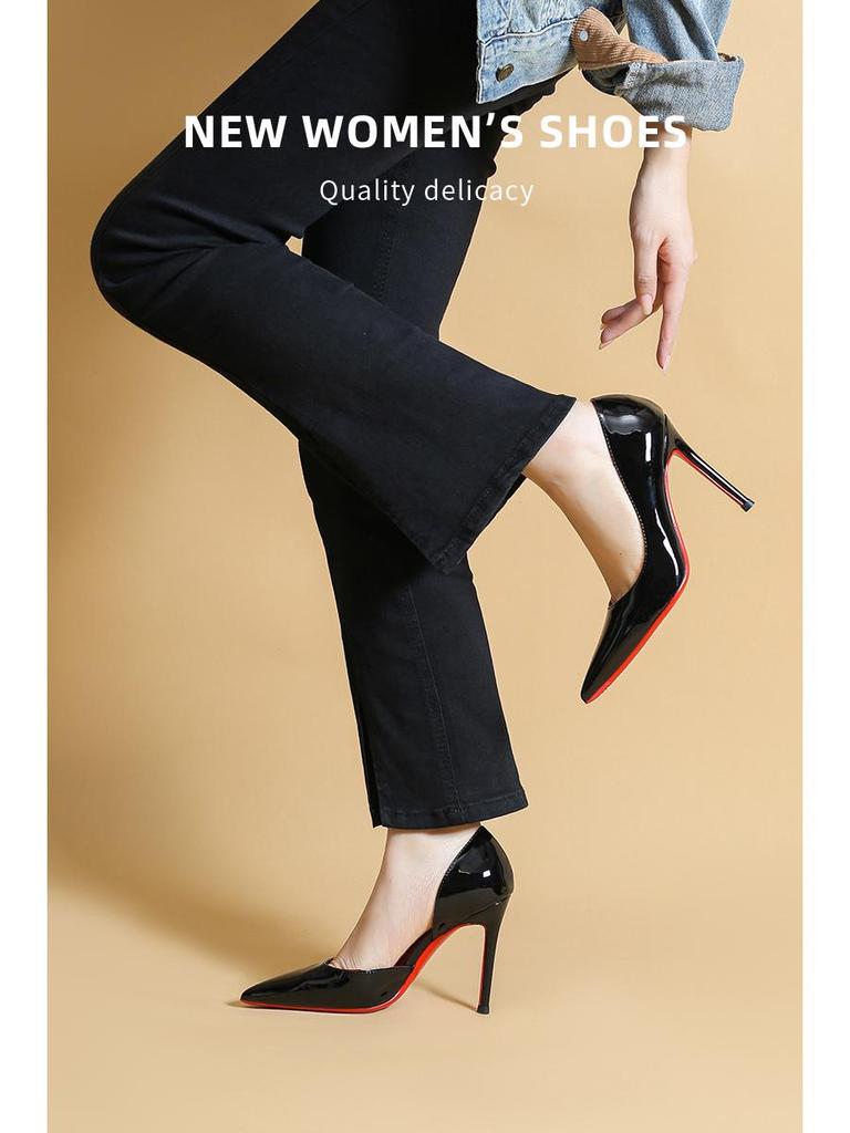 Women's Black Stiletto High Heels with Red Bottom, Side Cutout, and Pointed Toe - 2025 New Patent Leather Nightclub Shoes