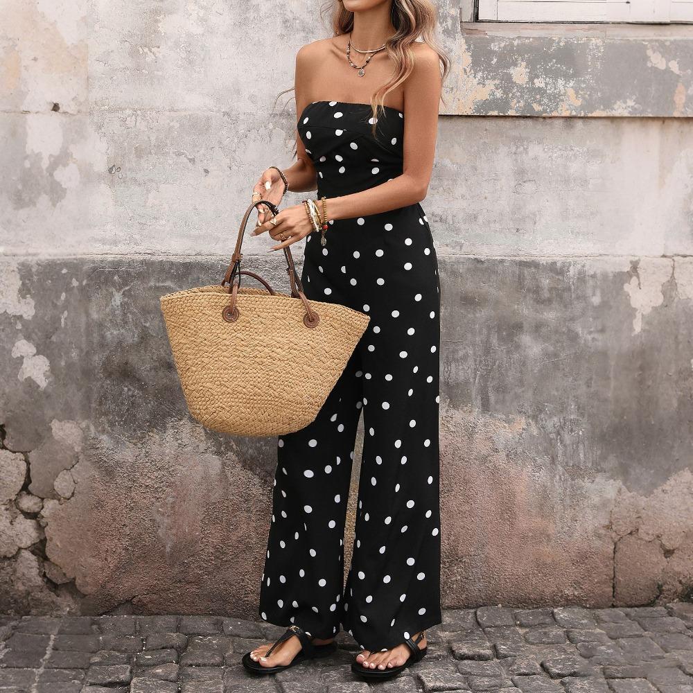 Women's Strapless Sleeveless Jumpsuit Loose Fit High Waist Wide Leg Pants Polka Dot Vintage French Spring Romper