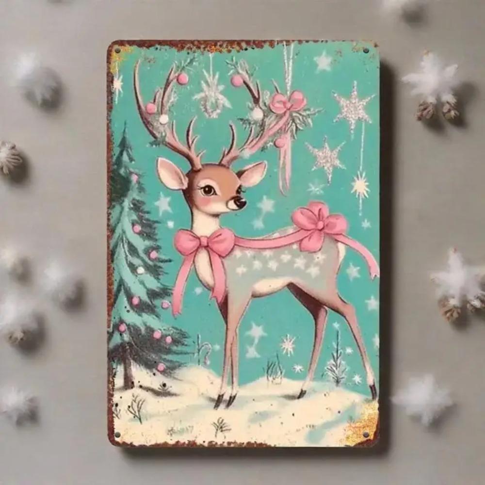Vintage Pink Santa & Deer Iron Sign for Outdoor Yards & Porches, Unique Holiday Gift