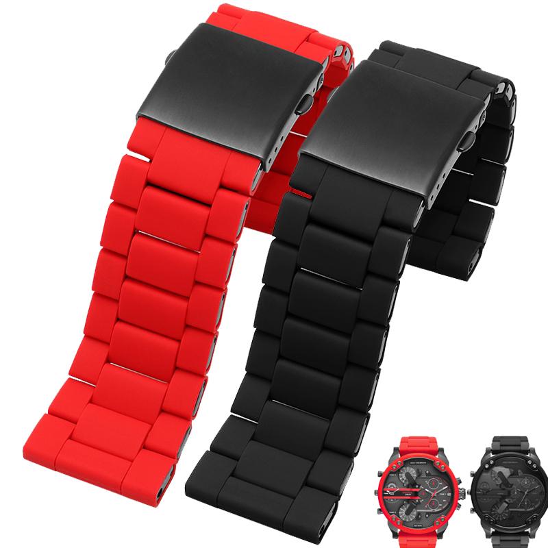 For Diesel Black Knight DZ7396 DZ7370 / 7430 Watchband Silicone Gap Steel Tape 24mm 26mm 28mm Red Black Platform Watch Straps