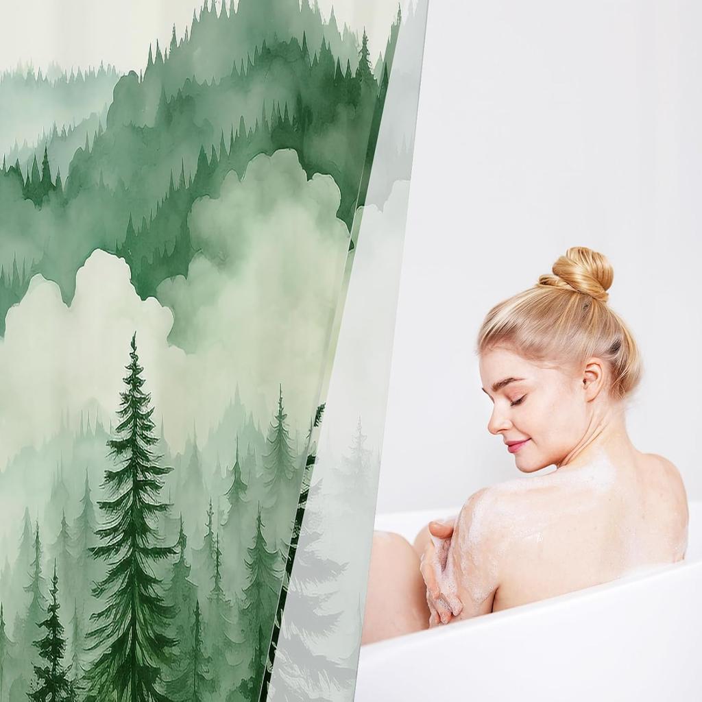 Misty Forest Mountain Shower Curtain Watercolor Pine Trees Nature Landscape Art Calming Bathroom Decor Greenery Theme Home