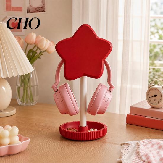 Star Shaped Headphone Stand Cute with Storage Tray, 3D Printed PLA Headset Hanger & Desk Soft Pastel Color Rack Organizer, Macaron Gaming Office