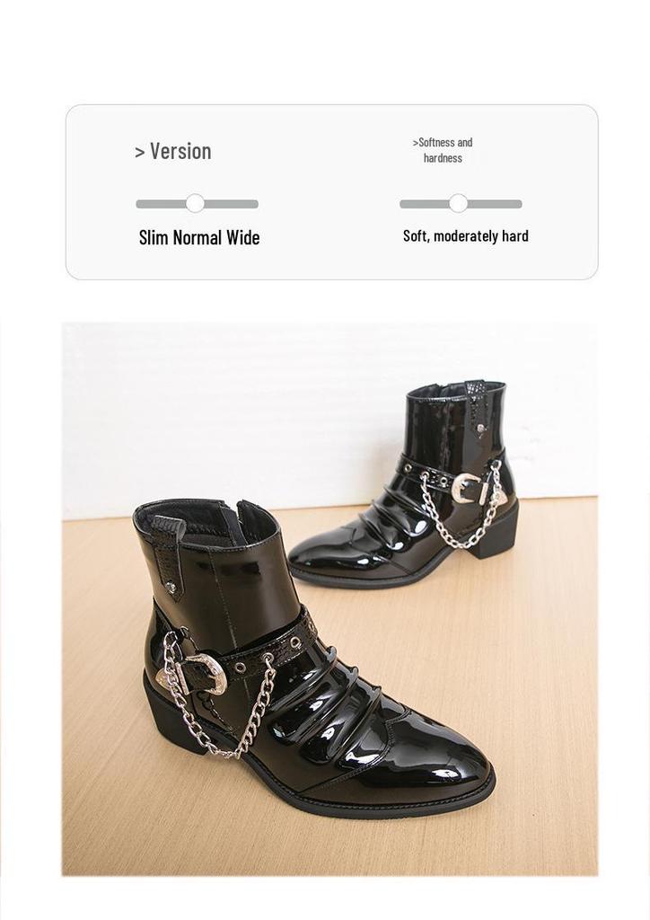 Chelsea Martin Men's High-Top Patent Leather Boots with Pointed Toe, British Style, Zipper, and Height Increasing Feature for Autumn/Winter.