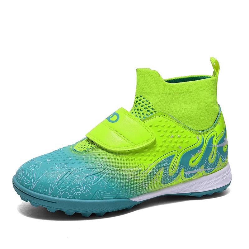 High Quality Turf Soccer Shoes Boys Girls High Top HOOK&LOOP Kids Futsal Sneakers Fashion Green TF Football Boots For Children