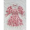 Summer Floral Print Square Neck Ruffled Puff Sleeve Vacation Dress