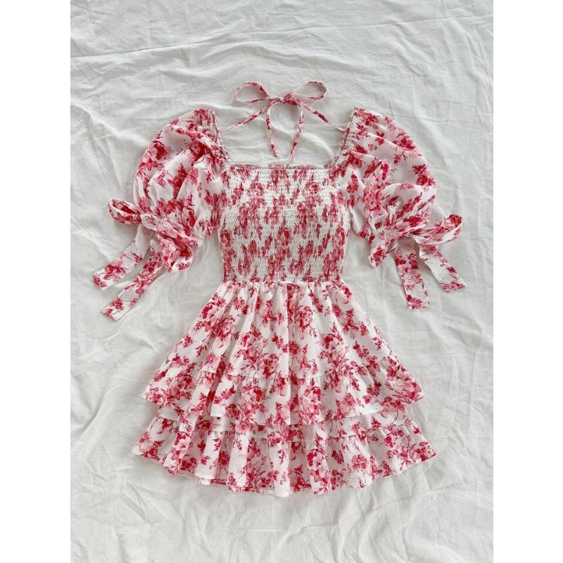 Summer Floral Print Square Neck Ruffled Puff Sleeve Vacation Dress