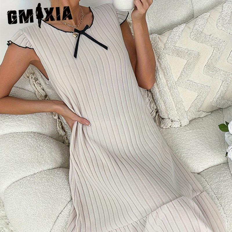 GMXIA Spring and Summer Women's Dress Nightgown Ruffle Hem Milled Pit Stripe Home Home Pajamas
